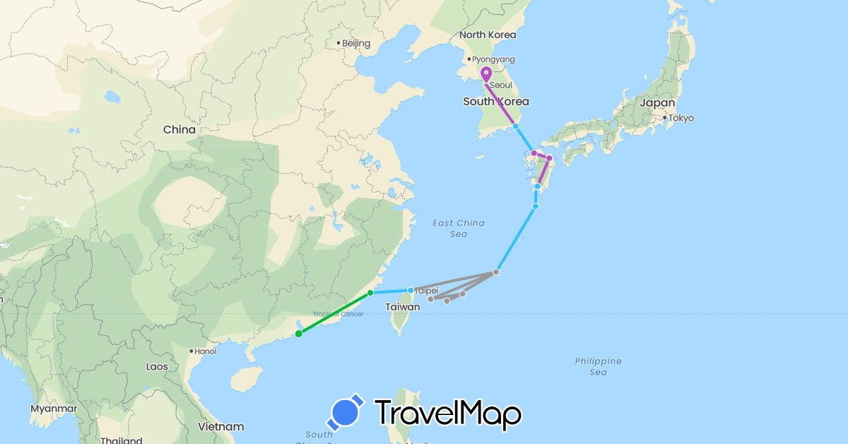 TravelMap itinerary: driving, bus, plane, train, boat in China, Japan, South Korea, Taiwan (Asia)